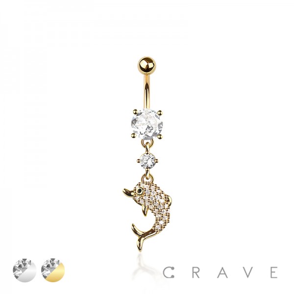 316L SURGICAL STEEL DOLPHIN DANGLE CZ BELLY BUTTON NAVEL RING 